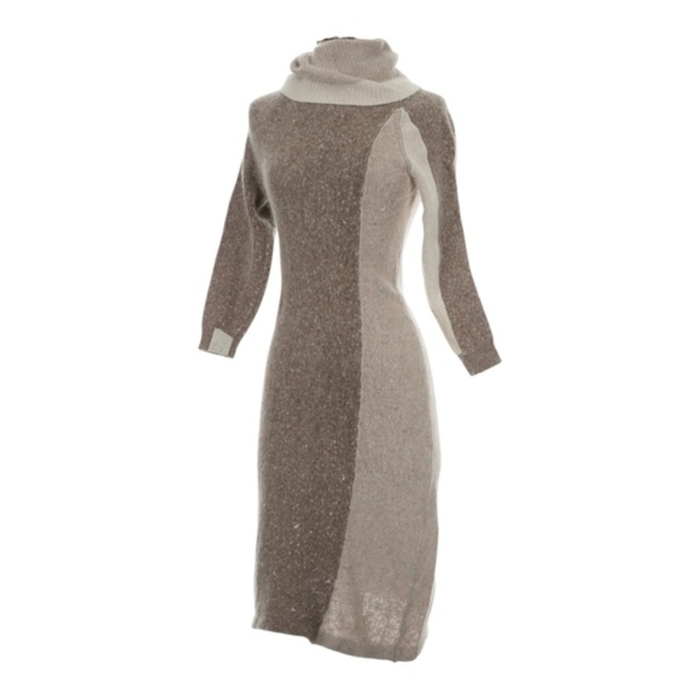 Vtg Vicky Vaughn Neutral Brown Turtleneck Sweater Dress Angora Silk Small